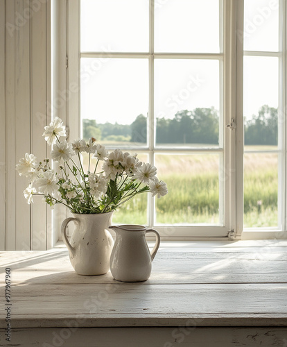 farmhouse dining table, whitewashed wood, fresh flowers in a ceramic jug