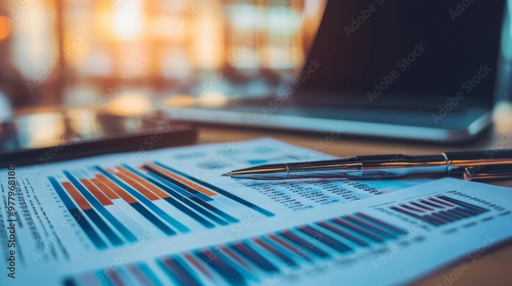 Financial report with charts and pen on a desk during sunset