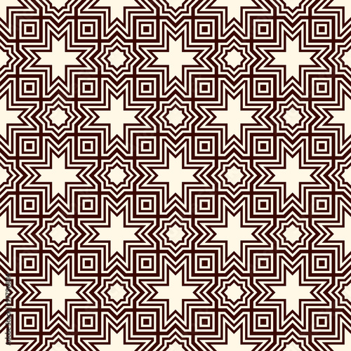 Seamless surface design with arabic ornament. Moroccan stars and crosses motif. Oriental traditional pattern with repeated mosaic tile. Tracery window wallpaper. Arabesque digital paper, textile print