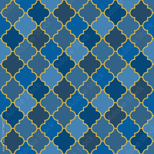 Seamless surface design with ogee ornament. Oriental traditional pattern with repeated mosaic tile. Tracery window wallpaper. Moroccan lantern motif. Arabesque digital paper, textile print. Vector art