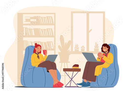 Business Colleagues Characters Enjoying A Relaxing Coffee Break In A Cozy Office Setting With Laptops In Hand