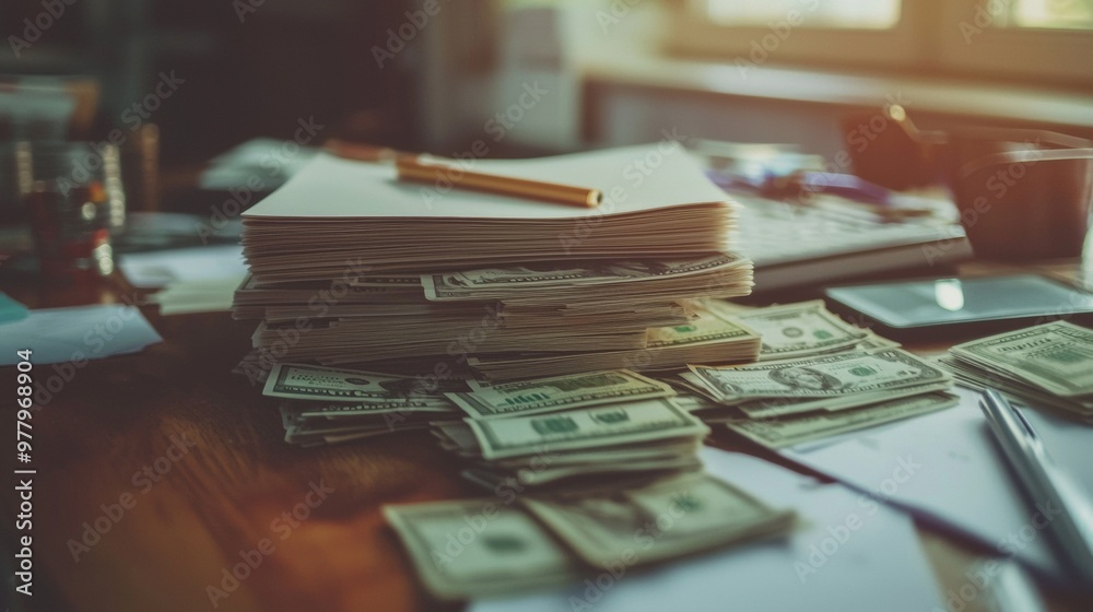 Stack of cash and documents on a desk, symbolizing finance and business Stack of cash and documents on a desk, symbolizing finance and business