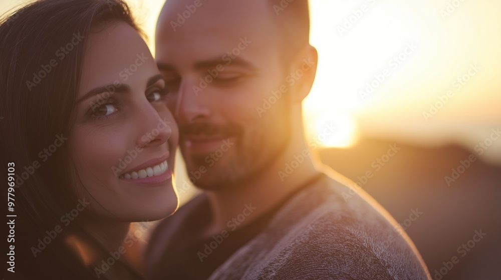 Young couple enjoys a romantic sunset on the beach, sharing a tender moment illuminated by the golden evening sun, radiating joy and love in a serene nature setting Young couple enjoys a romantic sunset on the beach, sharing a tender moment illuminated by the golden evening sun, radiating joy and love in a serene nature setting