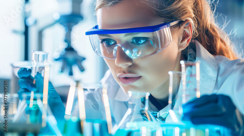 Scientist in a lab coat and safety glasses examines samples under a microscope in a modern lab.