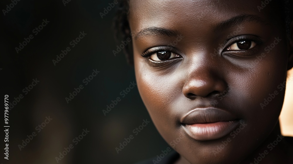 Beautiful young woman with dark skin and brown eyes poses gracefully in front of a sleek black background, exuding confidence and serenity Beautiful young woman with dark skin and brown eyes poses gracefully in front of a sleek black background, exuding confidence and serenity