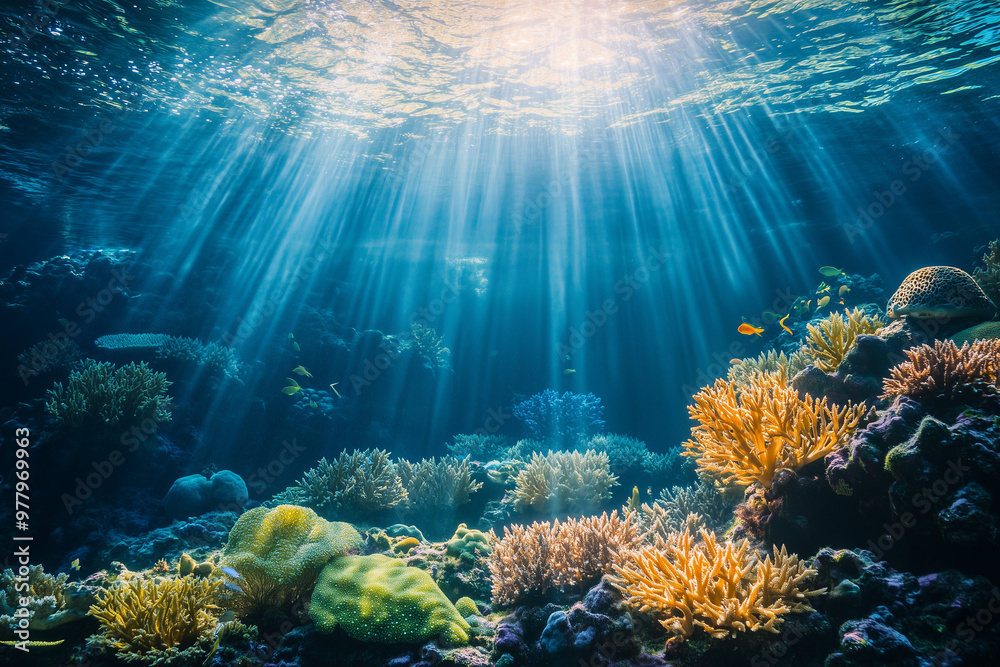 Beautiful underwater scene with sunlight rays beaming through the surface, illuminating vibrant coral reefs and marine life in a crystal-clear ocean Beautiful underwater scene with sunlight rays beaming through the surface, illuminating vibrant coral reefs and marine life in a crystal-clear ocean