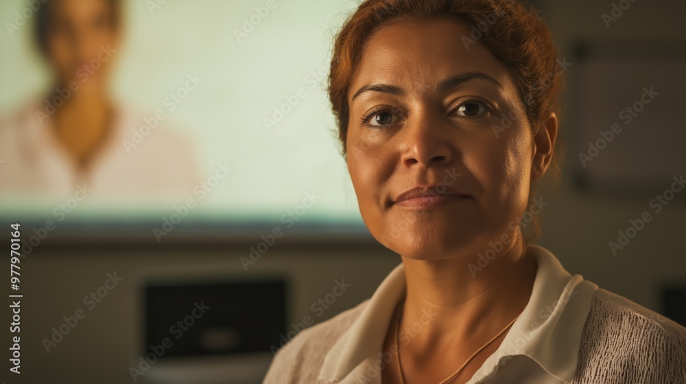 Hispanic businesswoman is posing in an office setting with a projector screen behind her displaying the headshot of a colleague Hispanic businesswoman is posing in an office setting with a projector screen behind her displaying the headshot of a colleague