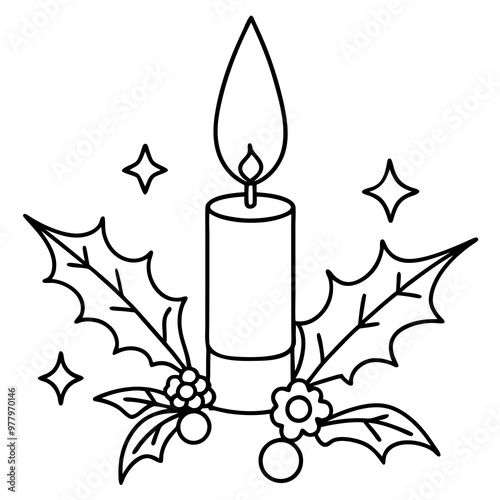 Candle with Holly and Berries Vector Art