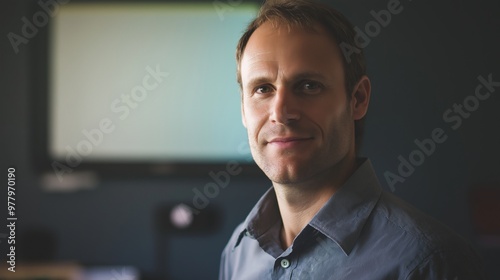 Businessman is smiling in his office with a blurred background, conveying a sense of professionalism and success. He is wearing a grey shirt and the image gives off a corporate atmosphere