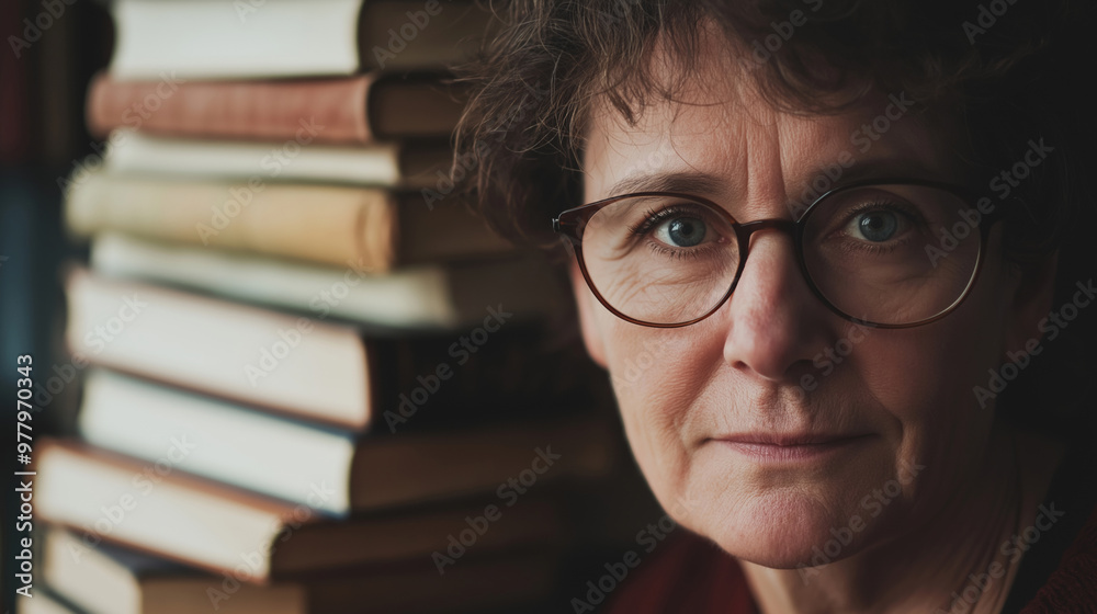 Wise librarian with glasses poses in a cozy library, exuding knowledge and experience next to books. Her calm, peaceful demeanor reflects a lifetime of learning, embodying a true book lover Wise librarian with glasses poses in a cozy library, exuding knowledge and experience next to books. Her calm, peaceful demeanor reflects a lifetime of learning, embodying a true book lover