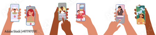Diverse Character Hands Holding Smartphones For Video Chats Highlighting Connection And Communication Across Cultures