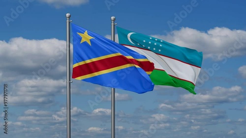 Republic of Uzbekistan and Democratic Republic of the Congo flags flying together, video concept of the relationship, two country cooperation concept
