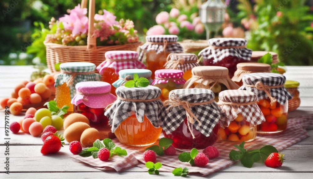 Viele hübsche Gläser mit selbstgemachter Marmelade auf einem Tisch im Garten Viele hübsche Gläser mit selbstgemachter Marmelade auf einem Tisch im Garten