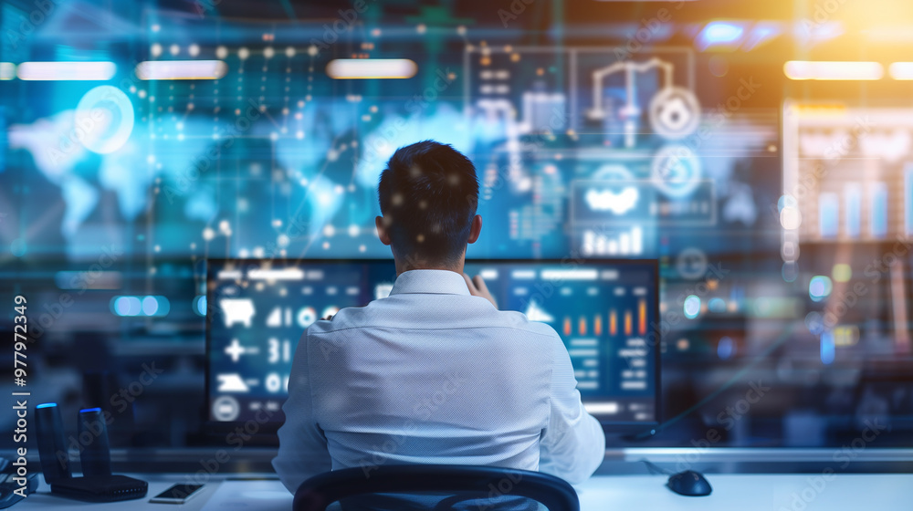 Businessman at desk analyzing revenue charts on digital screen, focused on financial growth and business success, office equipment in background. Businessman at desk analyzing revenue charts on digital screen, focused on financial growth and business success, office equipment in background.