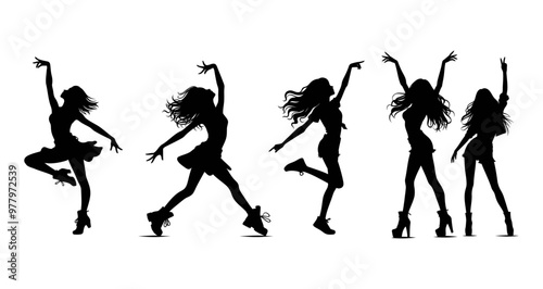 set of girl dancing silhouettes vector concept illustration.