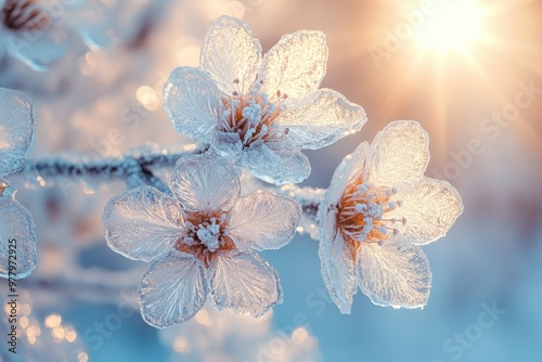 Crystal-clear ice flowers blooming on frozen tree branches, with a pale winter sky and sun beams shining through