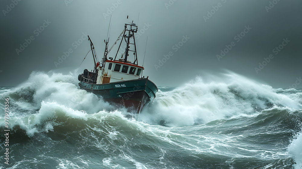 Fishing trawler battling rough waves during a coastal storm with grey skies
Fishing trawler battling rough waves during a coastal storm with grey skies