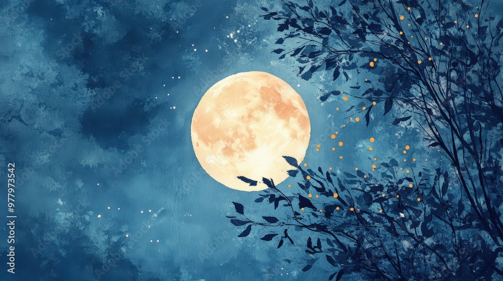 Fototapeta premium Watercolor Full Moon with Tree Branches Creating a Dreamy Landscape