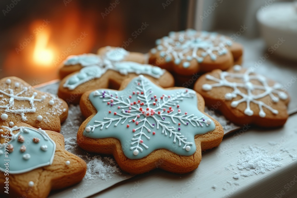 Gingerbread cookies decorated with icing and sprinkles, arranged on a snowy window sill with a cozy fire glowing in the background. Gingerbread cookies decorated with icing and sprinkles, arranged on a snowy window sill with a cozy fire glowing in the background.