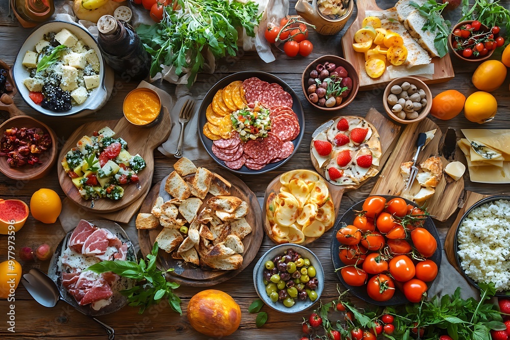 Top down view of a lavish Mediterranean food spread with various cheeses, meats, fruits, and vegetables Top down view of a lavish Mediterranean food spread with various cheeses, meats, fruits, and vegetables