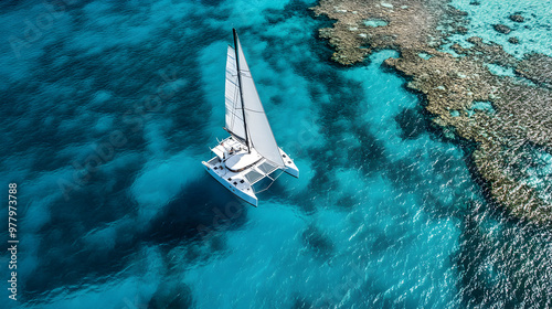 Modern catamaran sailing through crystal-clear waters near a coral reef