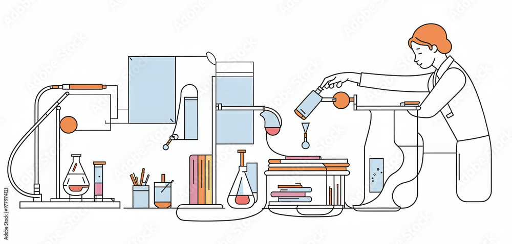 Illustrative abstract depiction in fine line drawing of a scientist performing scientific experiments in a laboratory Illustrative abstract depiction in fine line drawing of a scientist performing scientific experiments in a laboratory