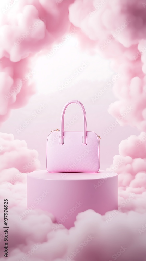 Elegant pink handbag on pedestal surrounded by dreamy clouds Elegant pink handbag on pedestal surrounded by dreamy clouds