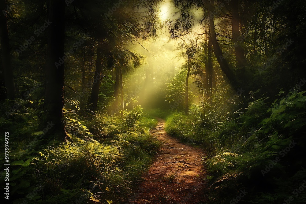 Sunbeams illuminate a pathway through a mysterious, lush forest Sunbeams illuminate a pathway through a mysterious, lush forest