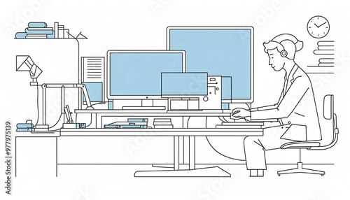 Illustrative abstract depiction in fine line drawing of a scientist performing scientific experiments in a laboratory