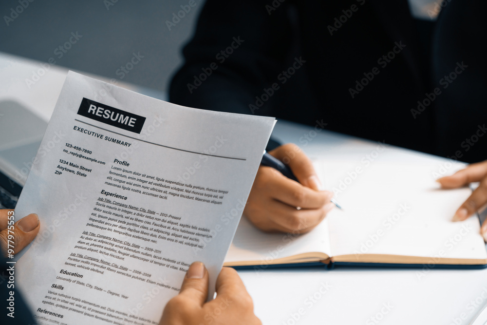 Human resources department manager reads CV resume document of an employee candidate at interview room. Job application, recruit and labor hiring concept. uds