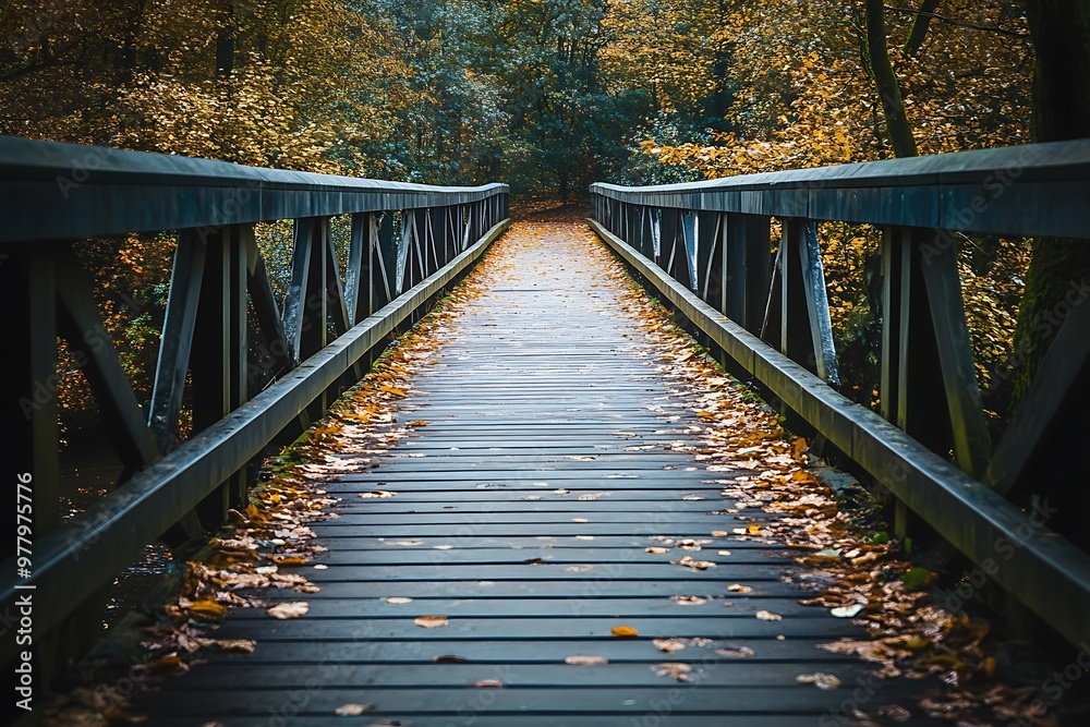 Obraz premium Wooden bridge in the fall with leaves on the ground. Concept of path, journey, change, and transition.