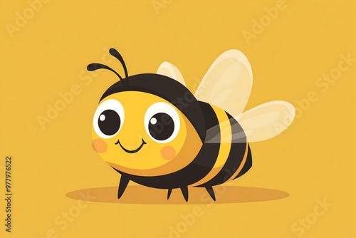 Adorable cartoon bee smiling with bright eyes on yellow background