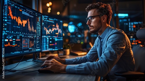 Focused man working with stock market data on monitors