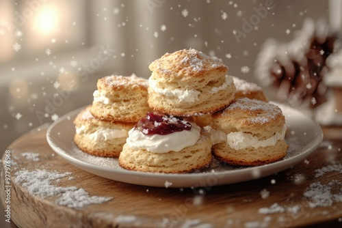 A plate of freshly baked scones with clotted cream and jam, placed on a cozy wooden table with snow falling outside and a soft winter morning glow