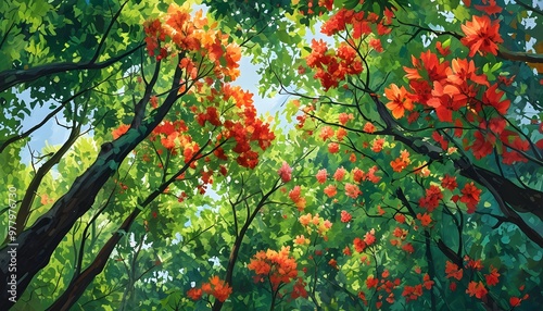 Vibrant forest canopy viewed from below, displaying lush green foliage and an explosion of colorful flowers amidst the leaves photo