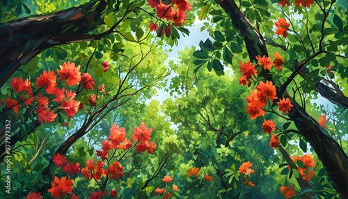 Vibrant forest canopy viewed from below, displaying lush green foliage and an explosion of colorful flowers amidst the leaves photo