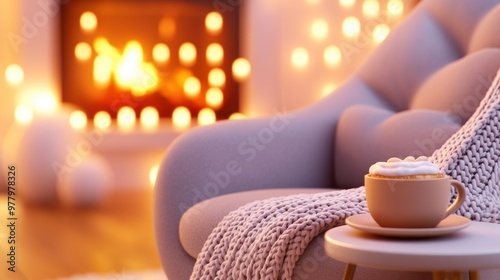 A cup of coffee on a table in front of the fireplace, AI