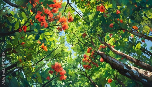 Vibrant forest canopy viewed from below, displaying lush green foliage and an explosion of colorful flowers amidst the leaves photo