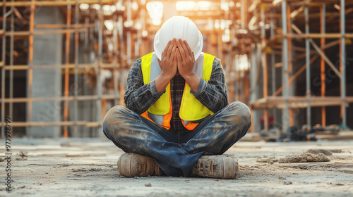 Construction Worker Sitting with Head in Hands at Construction Site