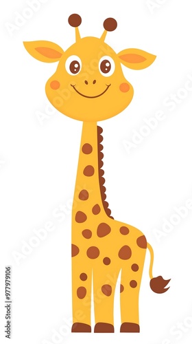 Smiling cartoon giraffe standing upright on white background