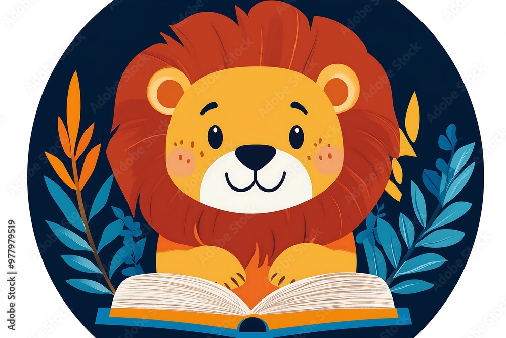 Cute cartoon lion reading a book, surrounded by flowers and leaves Cute cartoon lion reading a book, surrounded by flowers and leaves