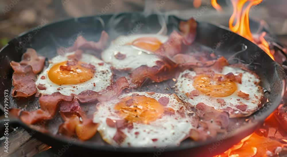 Eggs Cooking in Cast Iron Skillet Over Fire Eggs Cooking in Cast Iron Skillet Over Fire