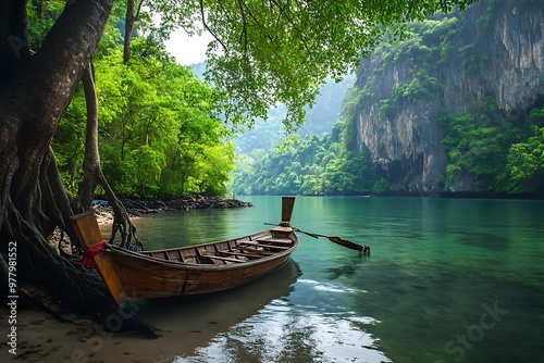 Traditional wooden boat in calm waters with lush tropical rainforest background. Serenity and travel concept.