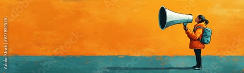 Illustration of a woman with a megaphone in front of an orange wall