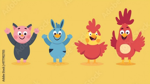 Group of cute cartoon animals standing together on yellow background