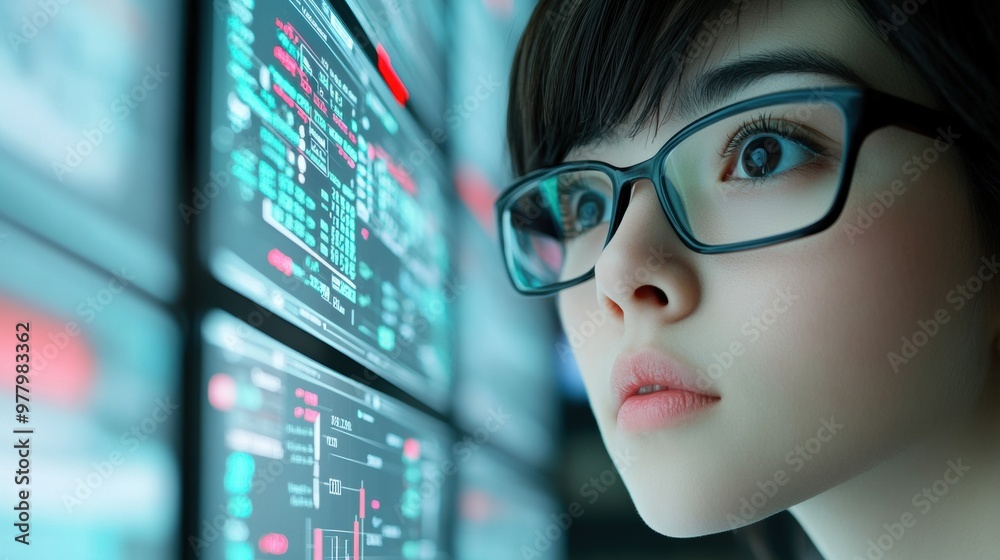 A woman with glasses looking at a computer screen, AI A woman with glasses looking at a computer screen, AI