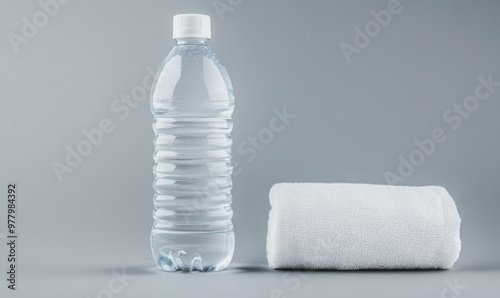 fitness concept with water bottle and white towel on grey background