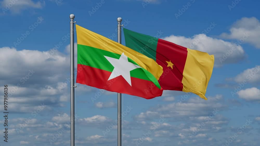 Cameroon and Myanmar flags flying together, video concept of the relationship, two country relations concept Cameroon and Myanmar flags flying together, video concept of the relationship, two country relations concept