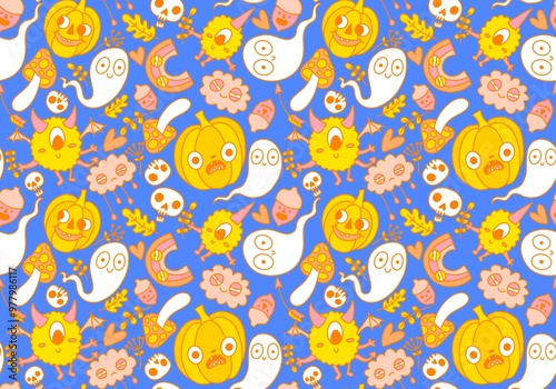 Halloween cute pumpkins seamless monsters pattern for wrapping paper and fabric