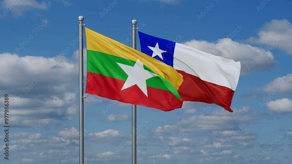 Chile and Myanmar flags flying together, video concept of the relationship, two country relations concept Chile and Myanmar flags flying together, video concept of the relationship, two country relations concept